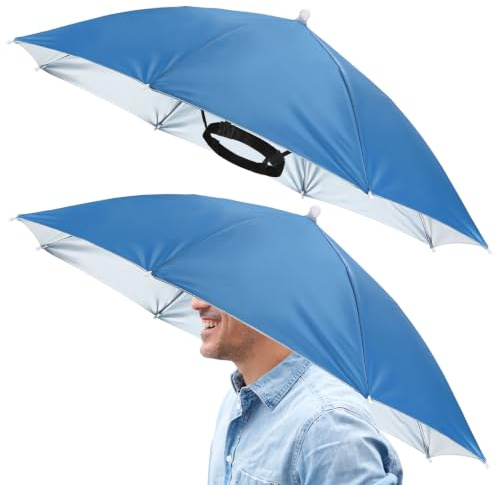 TIXIPEM 2 Pcs Headband Umbrella Hat 26 Silver Coating, Sky Blue | Hands Free, Foldable, Umbrella Cap, Sun Hat, Outdoor, Fishing, Gardening, Golf, Camping, Hiking