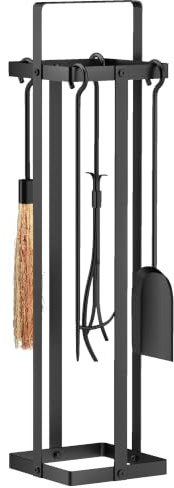Outsunny Ensemble Serviteur de Cheminée à 5 Pièces avec Support Métal Noir | Accessoires de Cheminée, Balai-Brosse, Pelle, Pince, Tisonnier