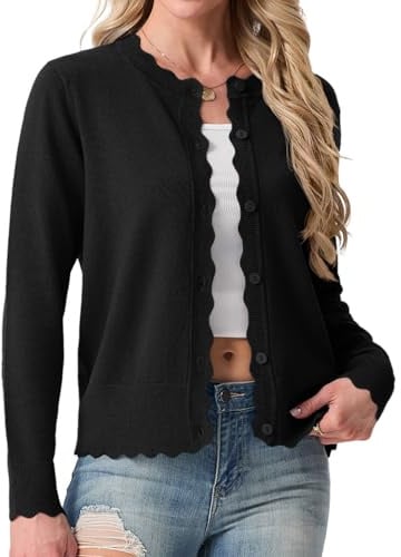 GRECERELLE Women's Cardigans Knit Crew Neck Lightweight Cardigan | Long Sleeve Cardigan Sweater Ladies Button Down Scalloped Shrugs Jumper for Dress Summer Evening Wedding