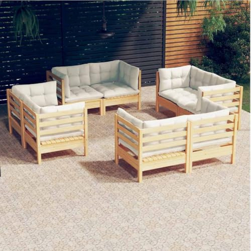 QJBSAVVA 8-Teiliges Garten-Lounge-Set Creme 63,5x63,5x62,5 cm Massiv-Kiefer Holz Modular Balkonmöbel Kleiner Balkon Terrassen-Sitzgruppe Outdoor Sofas für Garten Balkon und Wintergarten