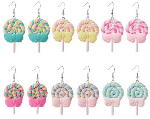 6 Paar Candy Girl Accessories Damen aus Polymer Clay – Bunte Lollipop Kostüm Ohrhänger & Süßigkeiten Ohrschmuck Set – Leichte Bonbon Accessoires passend zu Haarreif Candy & Karneval
