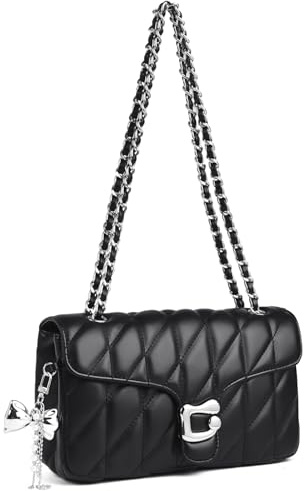 Travistar Gesteppte Umhängetasche Damen Handtasche - Kleine Crossbody Bag Vegan Leder Schultertasche Elegante Abendtasche mit Kette & süßem Anhänger