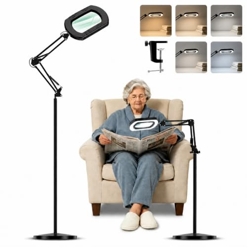 15X Lupe mit Licht und Ständer, 3-in-1 Standlupe, Lupenlampe mit 5 Farbmodi, Stufenlos Dimmbar, 60 LED, Stabiler Metallständer, Große Flexible Schwenkarm Lupenleuchte für Senioren, Hobbys und Basteln