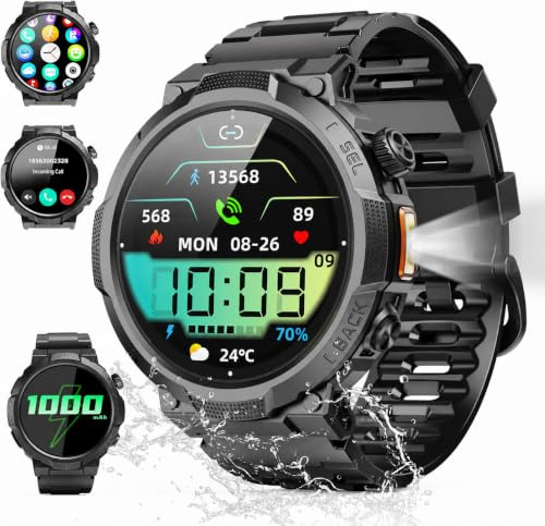 Soudorv Montre Connectée Homme, Militaire Smartwatch avec LED Lampe, Noir