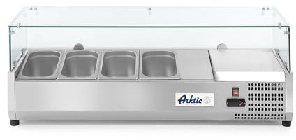 HENDI Aufsatzkühlvitrine, 4 höhenverstellbaren Füßen, Temperatur von -2 bis 8°C, Digitales Bedienfeld, elektronisches Thermostat, 4x GN 1/3, 230V, 180W, 1205x395x(H)430mm, Edelstahl
