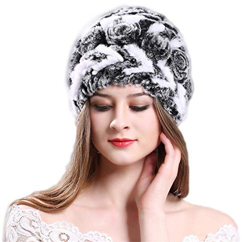 KAISHIN Winter Damen Casual Echtstrick Rex Kaninchenfell Mützen Damen Gestreiftes Fell Hüte Weiß grau