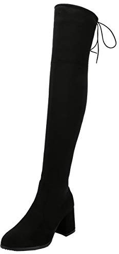 LUXMAX Donna Stivali sopra Il Ginocchio Elasticizzati Tacco Alto Blocco Scarpe con Cerniera Tacchi Alti Eleganti (Nero) - 34 EU