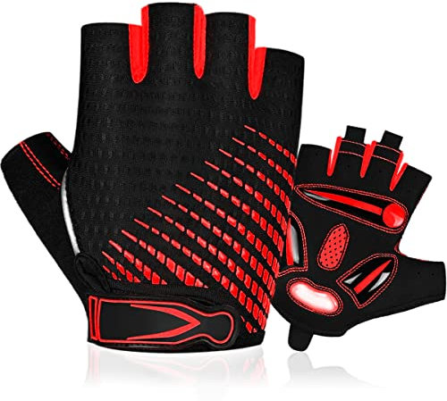 BTNEEU Fingerlose Fahrradhandschuhe mit Gel Halbfinger Radsport Handschuhe für Damen und Herren, Atmungsaktiv Rutschfestes Rennrad Handschuhe Männer für Mountainbike, Training, Fitness, Sport(Rot, M)