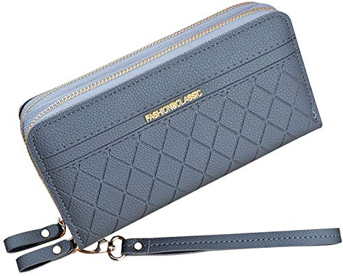 Portafoglio Donna con Doppia Cerniera Porta Monete Portafoglio in Pelle PU da Donna Portafoglio per Telefono Grande Capacità Portafoglio con Slot per Schede Multiple Portafoglio da Polso (Grigio1)