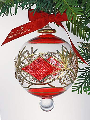 Artifactually Victorian Star Christmas Tree Ornament in Red (M-6cm) - Mouth Blown Glass Xmas Decoration/Bauble in Luxury Hand Made Gift Box.