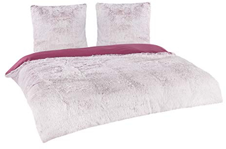 BaSaTex Flokati Polar Fleece Bettwäsche 200x220 cm 2X 80x80 cm 3-teilig Fellimitat Bett Garnitur Bordeaux Weiss