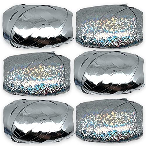 Set Ringelband Polyband Geschenk-Band Geschenkschleifen zum Basteln und Verpacken - glänzend & matt sortiert (Silber, 6 Rollen Geschenkband je 10m)