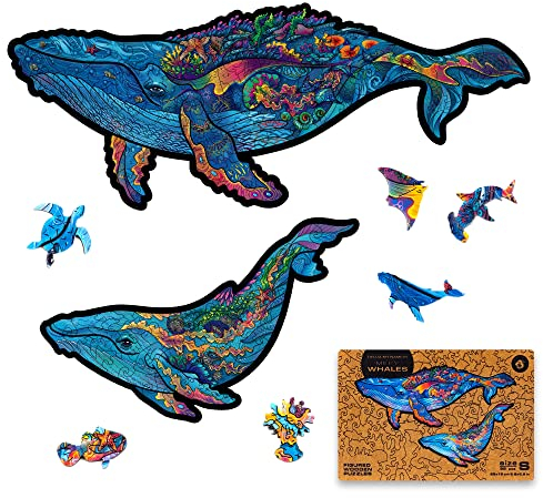 UNIDRAGON Original Holzpuzzle — Milchige Wale, 98 Teile, Klein 9.8 x 5.9 Zoll (25 x 15 cm) Schöne Geschenkverpackung, Einzigartige Form Erwachsene und