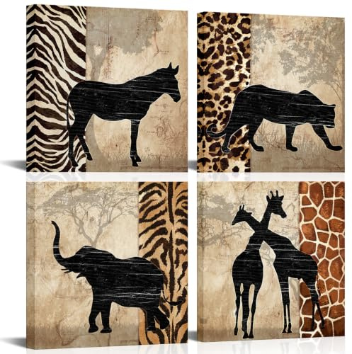 HOMEOART Afrikanische Tiere, Wandkunst Wandbild, Leinwanddruck, Giraffe, Zebra, Elefant, Leopard, Gemälde, afrikanische Landschaft, Wohnzimmer, Schlafzimmer, Dekoration, 30,5 x 30,5 cm, 4 Stück