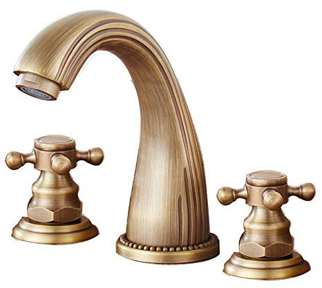 Européen Antique 3 Trous 3 Corps Robinet Ancien Cuivre Mélangeur Froid-Chaud Mélangeur De Lavabo Robinet De Lavabo Mélangeur À Deux Poignées Robinet De Salle De Bains En Laiton, Robinets De Lavabo De