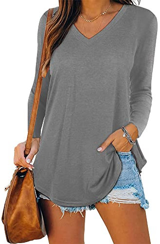 iChunhua Womens Plain Basic V Neck Long Sleeve Tops Tee Shirt T-Shirt Grey Large