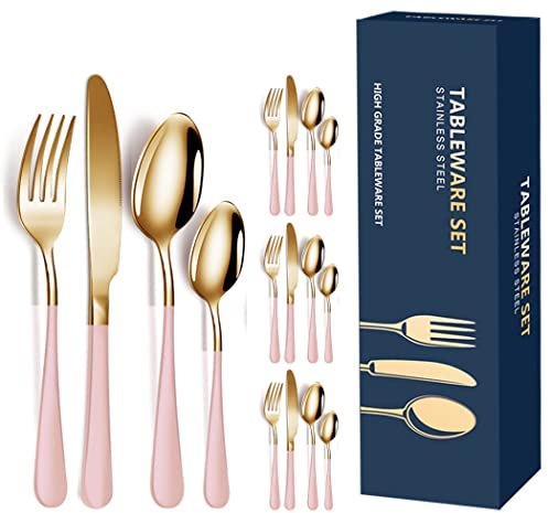 XIAOYU juego de cubiertos, servicio de juego de cubiertos de acero inoxidable de 16 piezas para 4, mango mate, juego de cubiertos de vajilla para el restaurante del hotel de la cocina del hogar, rosa