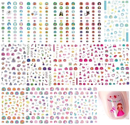 Rosymormor 14 Blätter Prinzessin Kinder Nail Art Sticker für Mädchen, selbstklebend 700+ Designs Prinzessin Nail Wraps Decals für Acrylnägel Dekoration Geburtstagsfeier Gastgeschenke Halloween