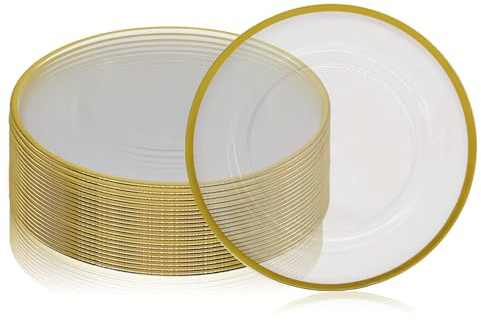 Trimming Shop Lot de 12 assiettes décoratives pour fêtes, assiettes en verre avec bordure dorée pour décoration de table à manger, mariages, anniversaires, fêtes, vaisselle, événements de