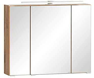Lomadox Badmöbel Spiegelschrank 80cm, LED Aufsatzleuchte, 3-türig, Wotan Eiche Nb. mit weiß matt, B/H/T ca. 80/64/20 cm