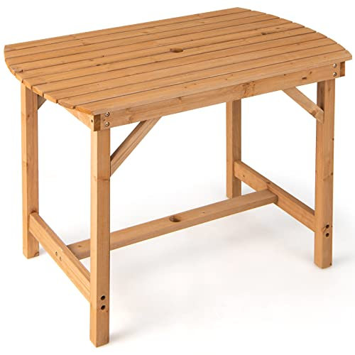 COSTWAY Mesa Jardín Madera, Mesa de Comedor para Patio, Agujero Ø4 cm, 4-6 Personas, 100 x 60 x 75 cm, Mesa al Aire Libre para Césped, Patio, Jardín, Interior, Natural