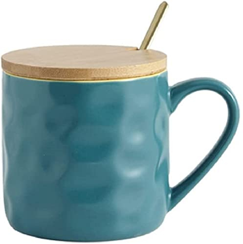 MAGICVOGEL Taza de café con tapa de madera y cuchara, 400 ml, taza de cerámica, moderna, con asa grande, para oficina y hogar (azul)