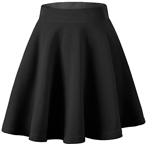 Dressever Damen Basic Vielseitige Dehnbaren Informell Casual Mini Hohe Taille A-Linie Tennisrock Tanzrock Schwarz Small