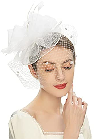 Duories Damen Fascinator Hut,Vintage Braut Tiara Haarschmuck Schleier Haarspange,Hut Blume Mesh Bänder Federn auf einem Stirnband,für Hochzeiten,Gartenpartys,Dinnerpartys,Teepartys,Maskerade,White