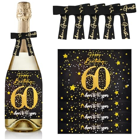 Sugeru 4 etichette per bottiglie di compleanno e fiocchi regalo, etichette personalizzate, autoadesive, per spumante e vino spumante, decorazione per 60 compleanni, regalo divertente per uomini e