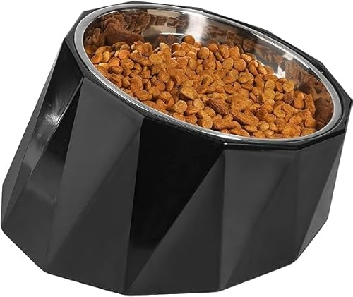 ComSaf 15°Slanted Stainless Steel Dog Bowl, 120ml Tilted Angle Raised Food Water bowl for Dog and Cat, Food Grade,Non-Skid & Non-Spill Feeding Bowl with Detachable Melamine Stand, Black