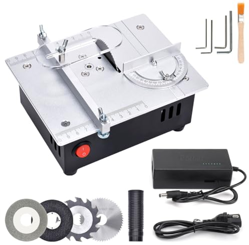 Mini sega circolare da tavolo, alimentatore a 7 marce, sega da tavolo regolabile di precisione portatile, con 4 lame e linguetta di sicurezza, lama da 0,1 – 15 mm, regolabile in altezza, alluminio