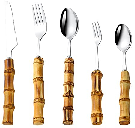 Set di posate, 30 pezzi, set di posate in legno con manico in bambù, coltello, forchetta, cucchiaio, set di posate in acciaio inox 304, per 6 persone