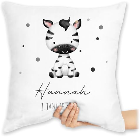 Kissen 40x40 Zierkissen - Zebra mit Name und Datum - Geburtstag Geburt Tiermotiv Geschenk - 40 x 40 cm - Weiß - Geschenke sitzkissen