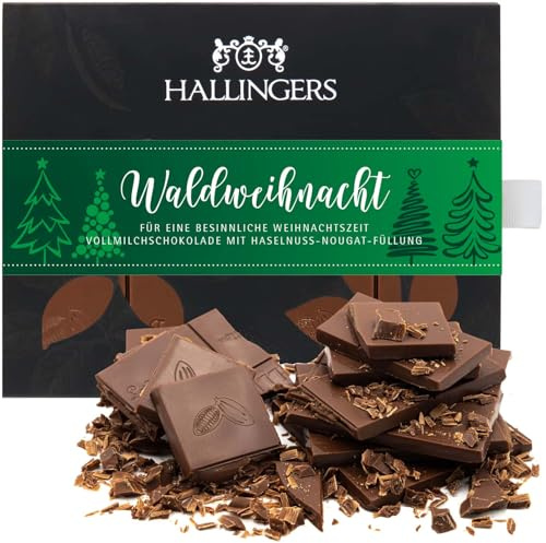 Hallingers Genuss Manufaktur Schokolade Weihnachts-Geschenk - Tafel handgeschöpften Edelkakaos ohne Alkohol edler Karton Waldweihnacht Haselnuss, Weihnachten für Frauen Männer
