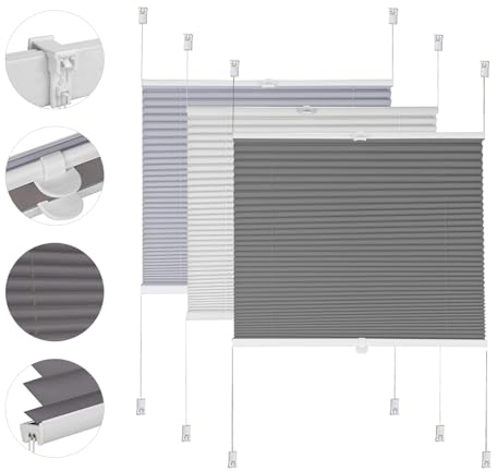 Sekey Plissee ohne Bohren Verdunkelung, Fenster Plissee Klemmfix Jalousie 110 cm breit, Verspannt Blickdicht Sonnenschutz Fensterollo, 110x130cm, Dunkelgrau