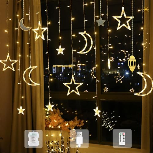 Woukksy LED Lichterkette für Ramadan Deko, 3.5M Stern Mond Lichtervorhang mit Timer & Fernbedienung, 8 Modi Lichterketten Fenster Innen für Balkon, Hochzeit, Party, Kinderzimmer, Ostern Dekoration