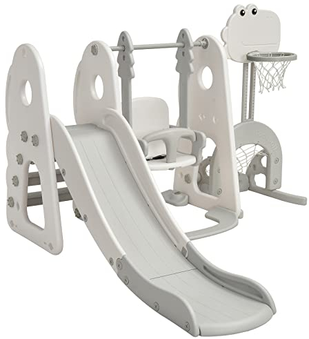 Maxmass Toddler Slide and Swing Set, Children Playground Playset with Basketball Hoop, Long Slide and Climb Ladder, Indoor Outdoor Kids Play Area for Boys Girls (Grey+White, 173x191x120cm)