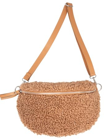 Lolus Damen Crossbag Schultertasche Umhänge Tasche in Gr. L Gürteltasche Crossbody Bag Teddy Stofftasche - Fluffy (cognac)