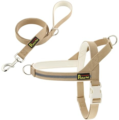 Plutus Pet Cotton Dog Harness and Lead Set, Reflective and Soft Padded, Quick Fit Vest Harness, for Small, Medium and Large Dogs, Beige, L