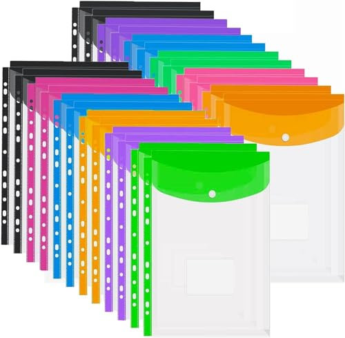 ASelected Lot de 24 Pochettes Plastiques A4 Extensibles Pour Dossiers, 6 Couleurs Transparentes Avec Fermeture à Pression et Pochette Pour Etiquette