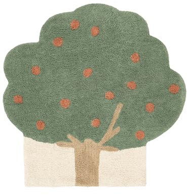 RugVista Apple Tree Teppich, Kinderzimmerteppich, 150 x 150 cm, Oval, Kinderteppich für Kinder, Baumwolle, Spielteppich Babys Junge Mädchen, Keine schädlichen Stoffe, Grün/Terrakotta