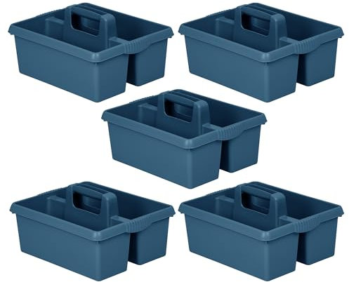 Navy Set of 5 - Large Heavy Duty Plastic Handy Kitchen Cleaning Carry Tool Box Utility Caddy Storage Tidy Organiser Tote Tray with Strong Carry Handle Cleaners Caddy Basket Cleaning Supplies