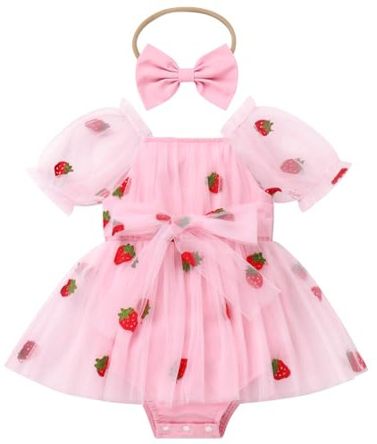 Newborn Infant Baby Girls Strawberry Romper Fairy Dress Short Sleeve Tutu Tulle Princess Berry Dresses Toddler First Birthday Cake Smash Outfits Wedding Flower Girl Summer Party Clothes Pink 6-12M