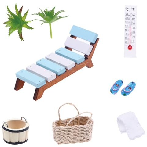 Miniatur Deko Sauna Zubehör, 8 Teile Strand Mikrolandschaft, Mini Strandkorb, Korb, Hausschuhe, Eimer, Badetuch, Liegestuhl, Miniatur Ornament Set, Deko Zubehör für DIY, Urlaub, Garten, Geschenk