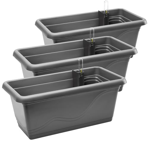 Garronda Blumenkasten Balkon Blumentopf mit Bewässerungssystem und Wasserstandsanzeiger Pflanzen GD-0073 (Anthrazit, 3 Stück, Länge=39cm)