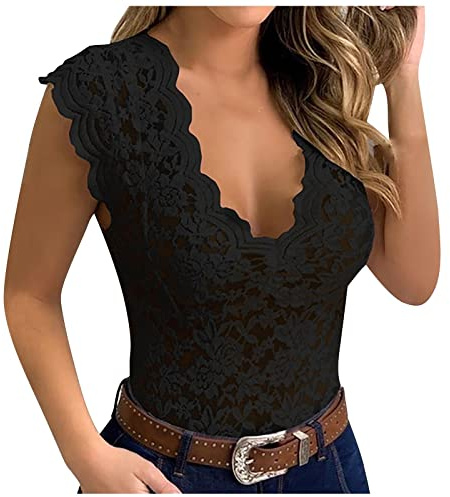 Spitzentop Damen Basic Cami Top mit Spitze V Ausschnitt Sommer Oberteile Elegant Camisole Top Sexy Tank Top Lässig Ärmellose Crop Top Slim Fit Trägertops Luftig Tunika Bluse Casual Sommertops