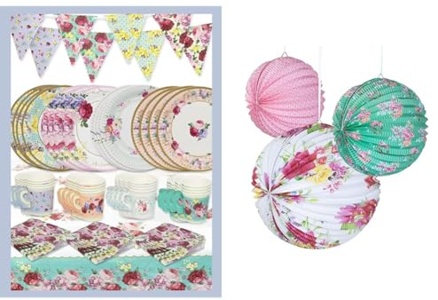 Talking Tables Floral Tableware Set & Vintage Afternoon Tea Party Decorations for 16 Guests & Afternoon Tea Decorations Truly Scrumptious Floral Paper Lanterns for Birthday Party