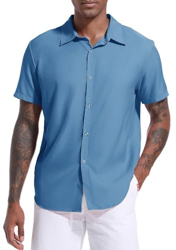 Holure Mens Shirts Waffle Short Sleeve Casual Shirts Button Down Shirt for Men Summer Beach Shirt Blue-2XL