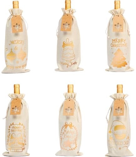 12 Stück Flaschentüten Weihnachten mit Kordelzug, EDWENE Weinflaschen Verpackung mit Geschenkanhänger, Jute Weinbeutel Wiederverwendbare für Hochzeit Party, Weihnachten Dinner, Sektflaschen