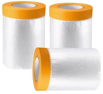 VZU 3 Rolls Masking Tape with Film 55cm x 20m Masking Paper for Spraying, Masking Master Versatile Painter's Plastic Drop Cloth for Auto Wall Furniture Painting and Spraying Protection